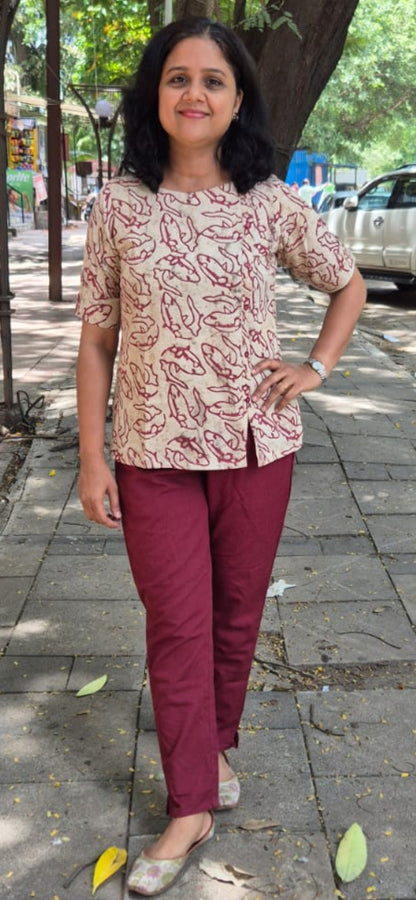 Maroon Cotton Cracks Dabu Short Top