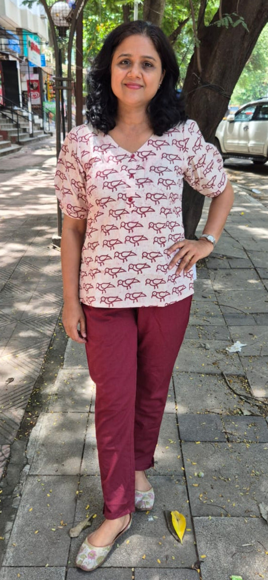 Maroon Cotton Cracks Dabu Short Top