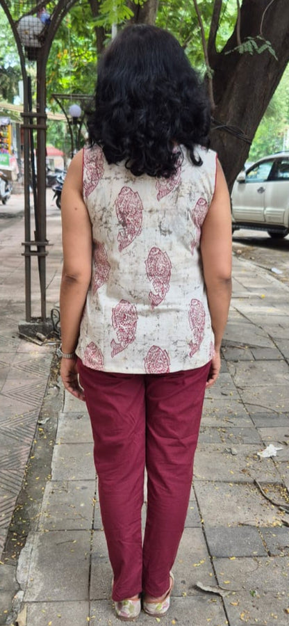 Maroon Cotton Cracks Dabu Short Top