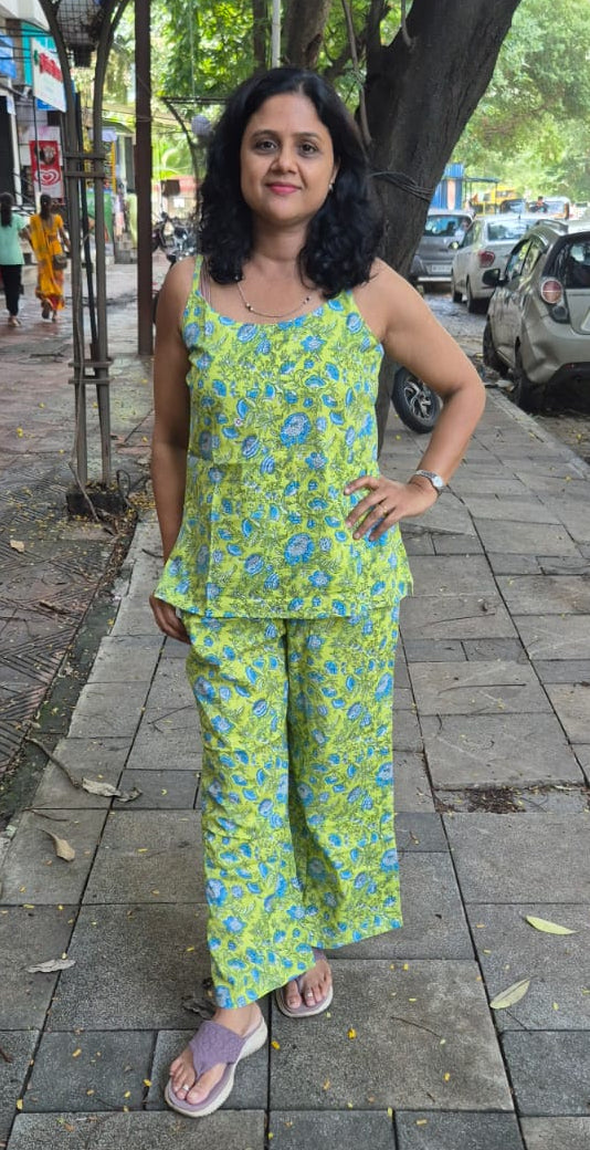 Parrot Green Pure Cotton Spaghetti Short Top