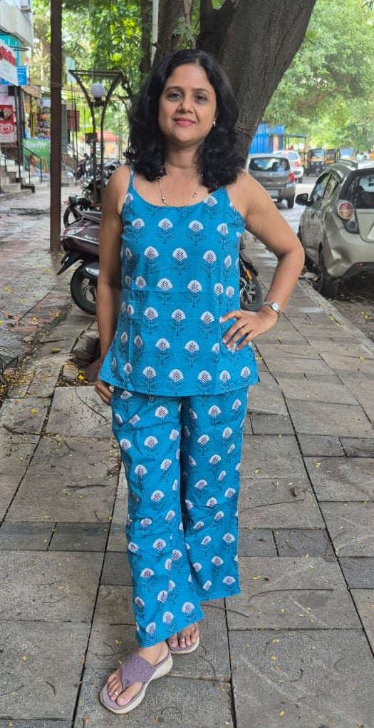 Blue Pure Cotton Spaghetti Short Top