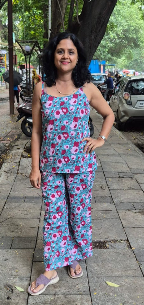 Blue Pure Cotton Spaghetti Short Top