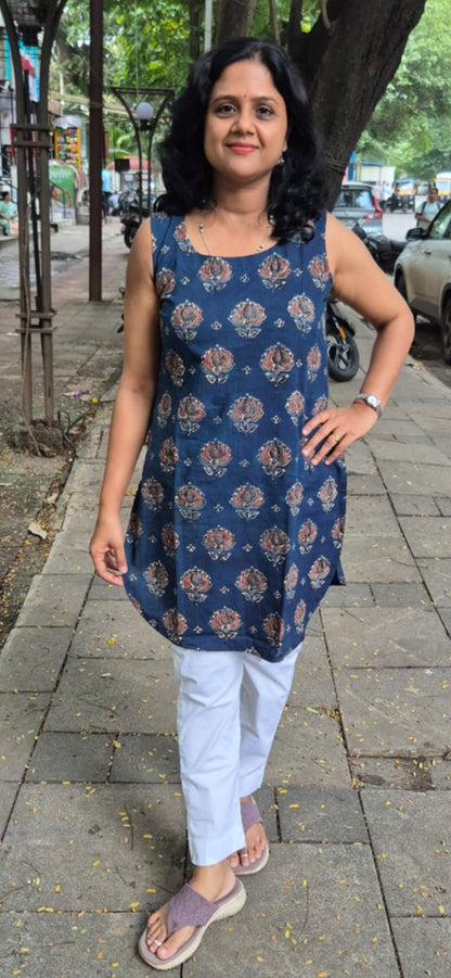 Indigo Ajrakh Knee Length Kurta