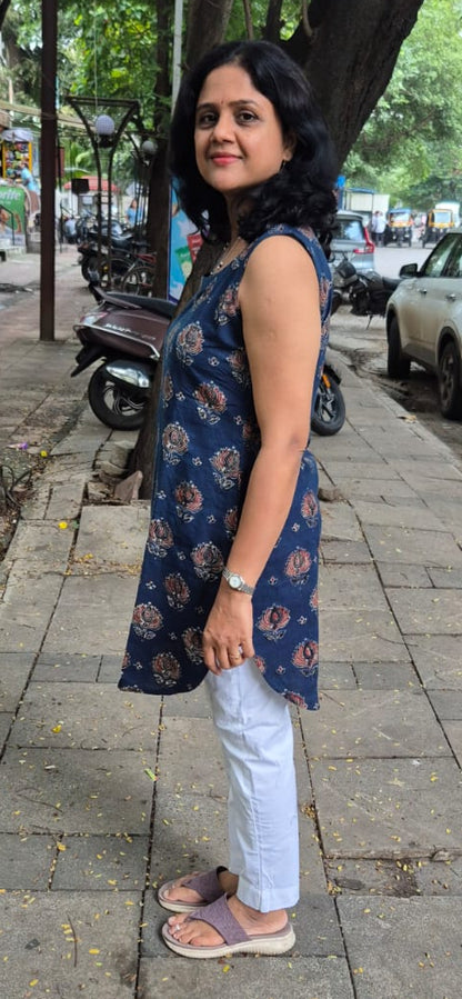 Indigo Ajrakh Knee Length Kurta