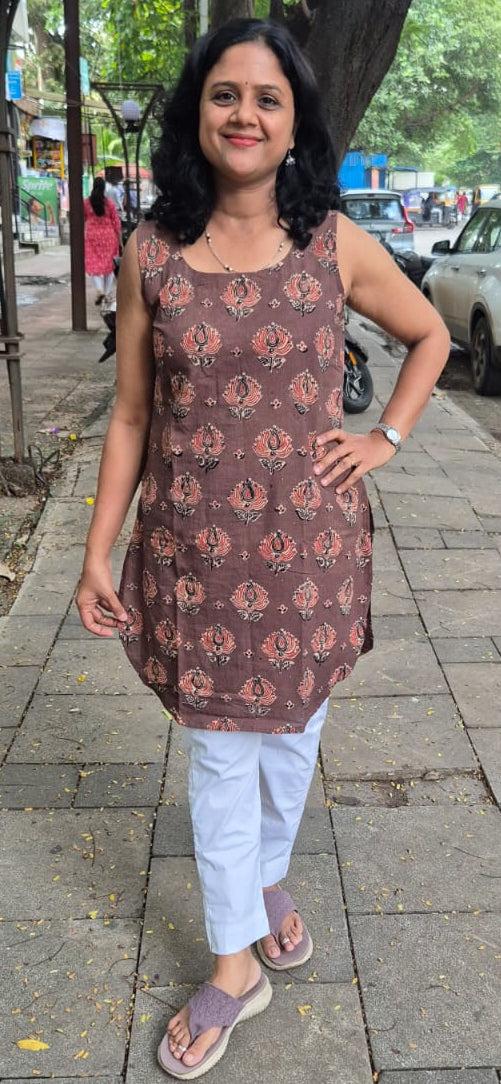 Light Brown Ajrakh Knee Length Kurta