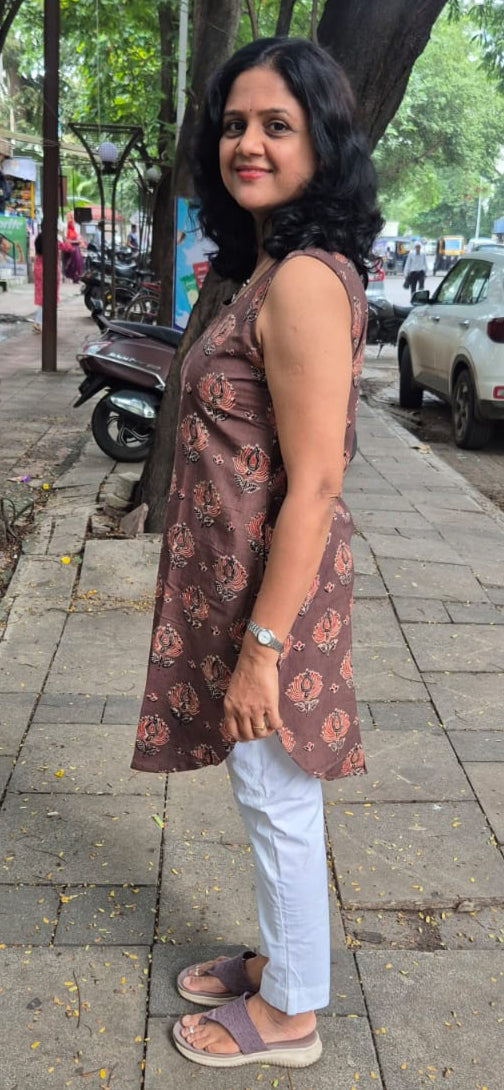Light Brown Ajrakh Knee Length Kurta