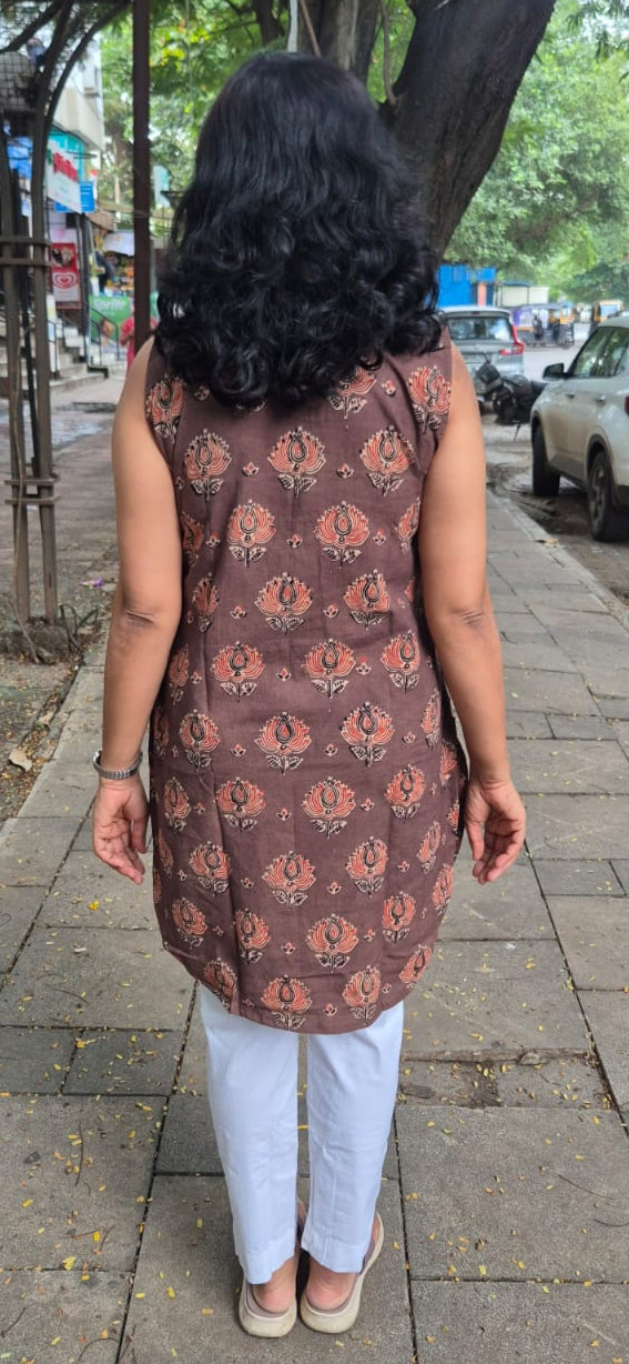 Light Brown Ajrakh Knee Length Kurta