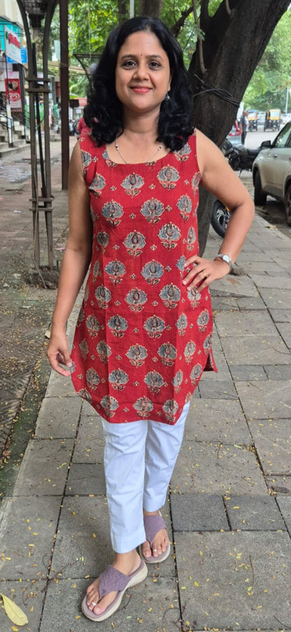 Maroon Ajrakh Knee Length Kurta