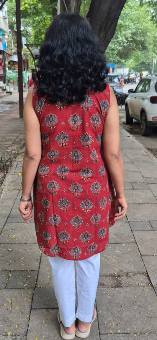 Maroon Ajrakh Knee Length Kurta