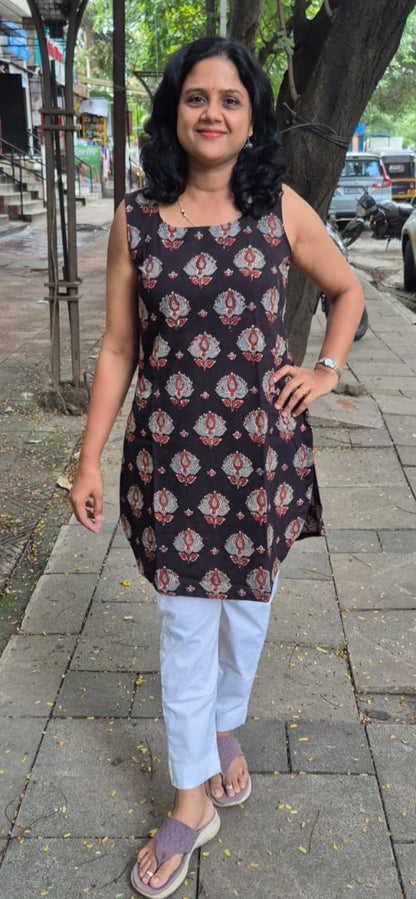 Black Ajrakh Knee Length Kurta