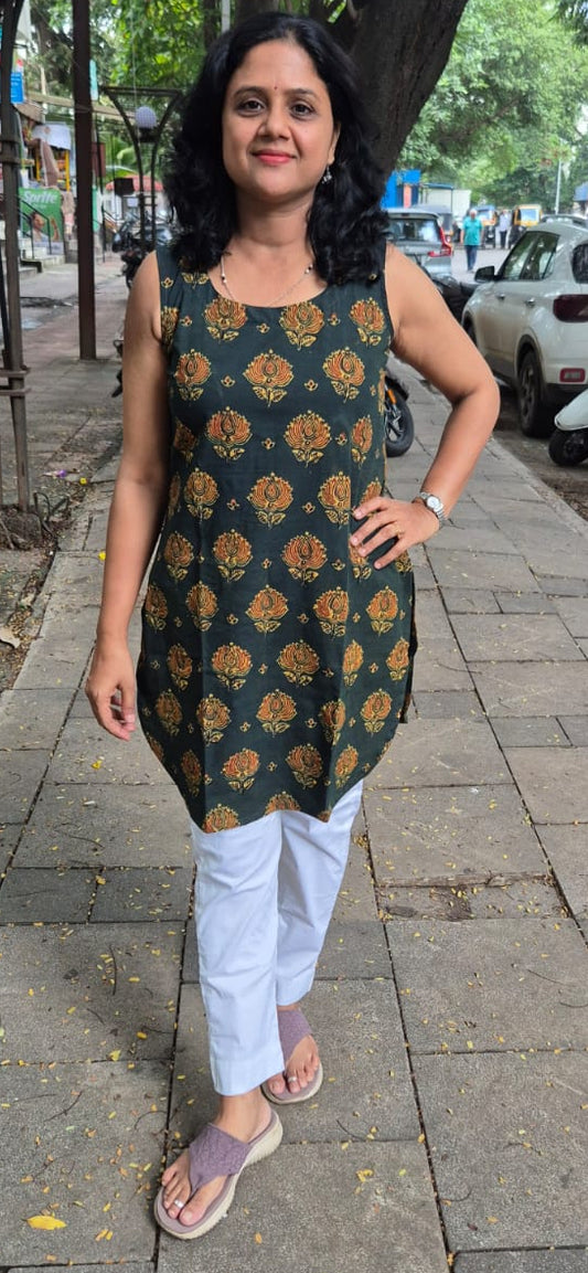 Bottle Green  Ajrakh Knee Length Kurta