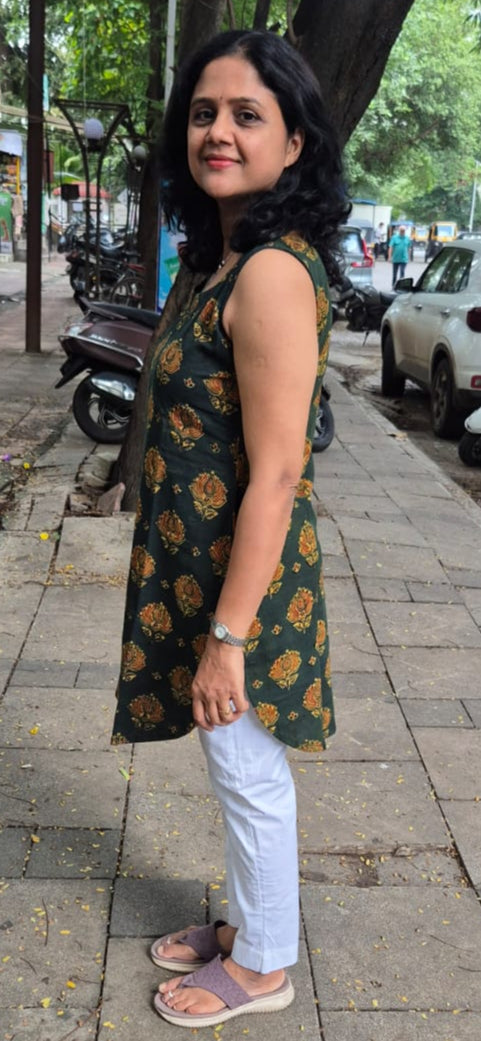Bottle Green  Ajrakh Knee Length Kurta