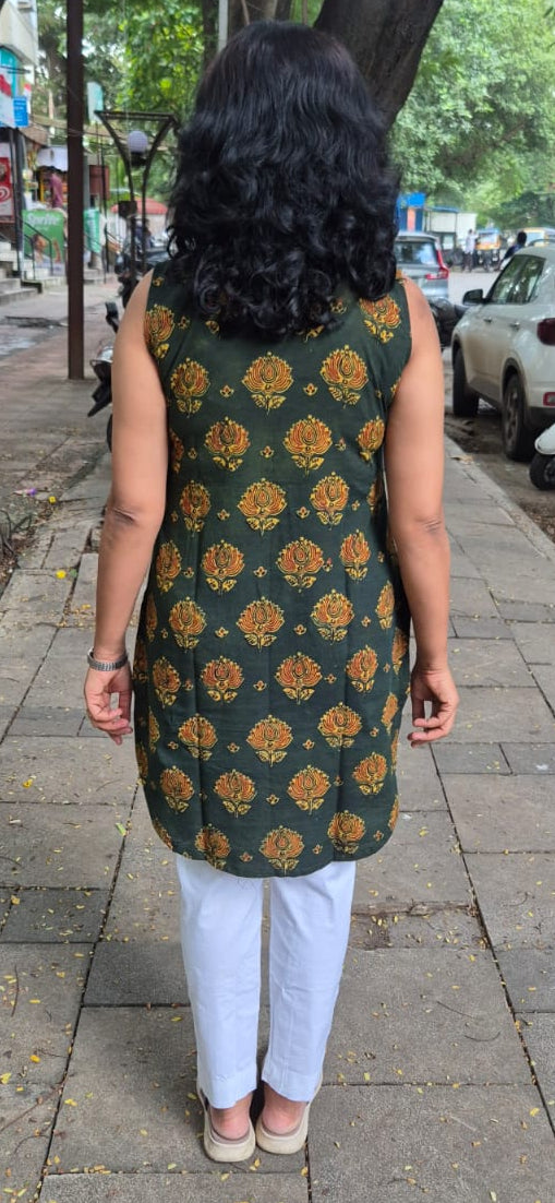 Bottle Green  Ajrakh Knee Length Kurta