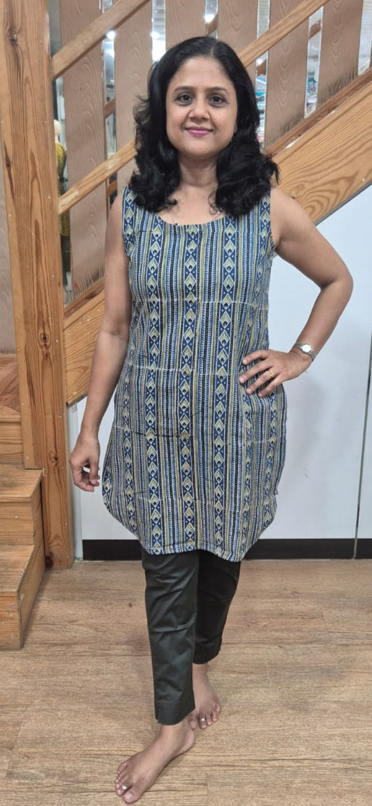 Indigo Ajrakh Knee Length Kurta