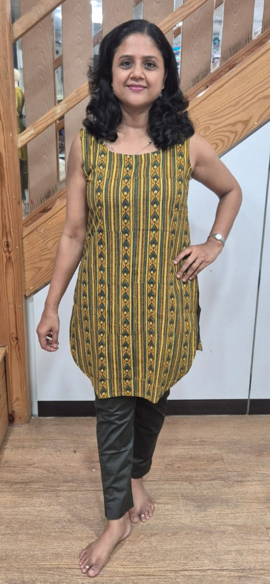 Mustard Yellow Ajrakh Knee Length Kurta