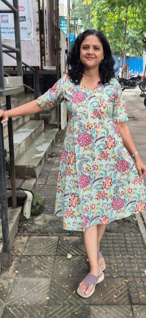 Pista Green Poplin Knee Length One Piece