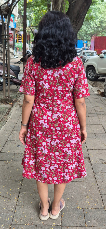 Red Poplin Knee Length One Piece