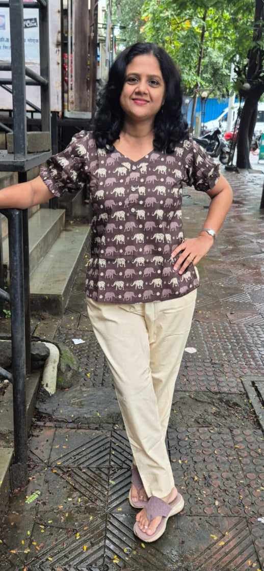 Coffee Elephant Print Pure Cotton Short Top