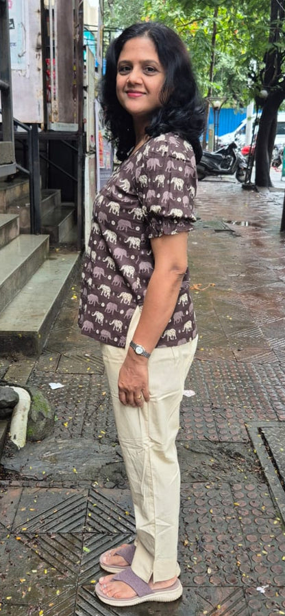 Coffee Elephant Print Pure Cotton Short Top