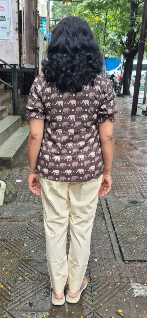 Coffee Elephant Print Pure Cotton Short Top