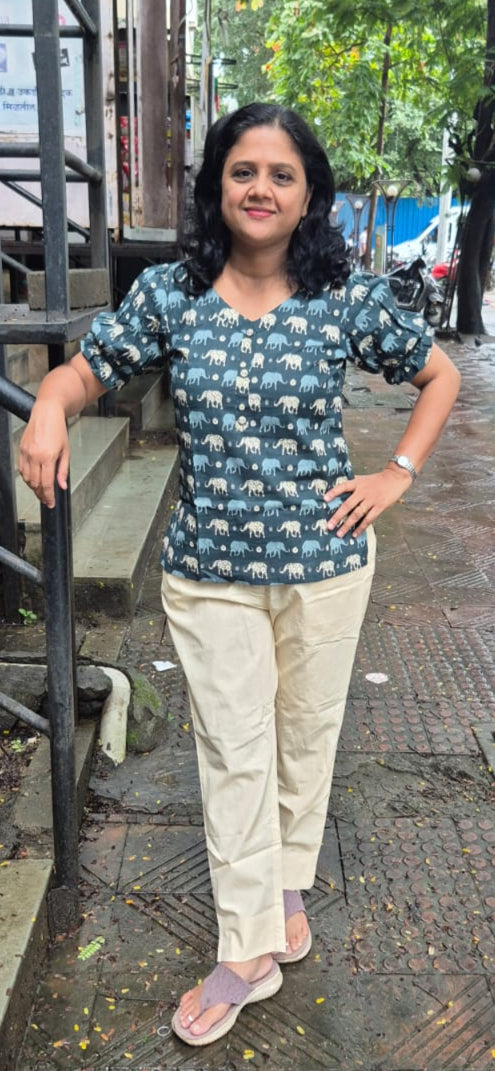 Green Gray Elephant Print Pure Cotton Short Top