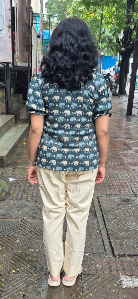 Green Gray Elephant Print Pure Cotton Short Top