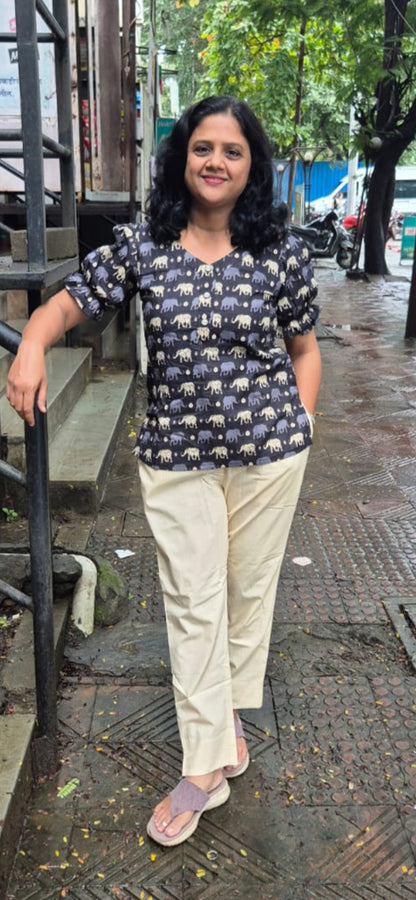 Black Elephant Print Pure Cotton Short Top