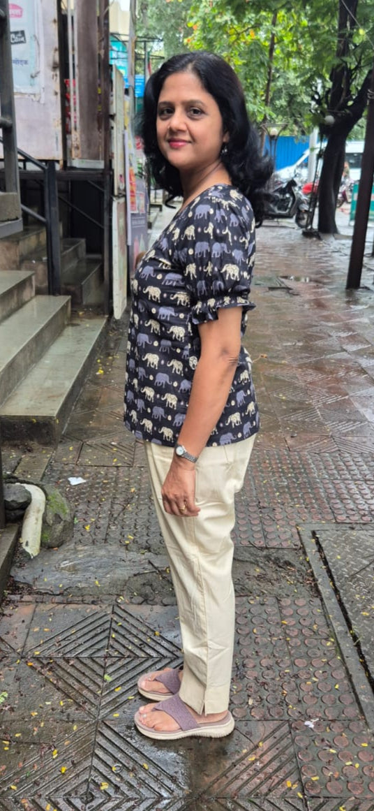 Black Elephant Print Pure Cotton Short Top