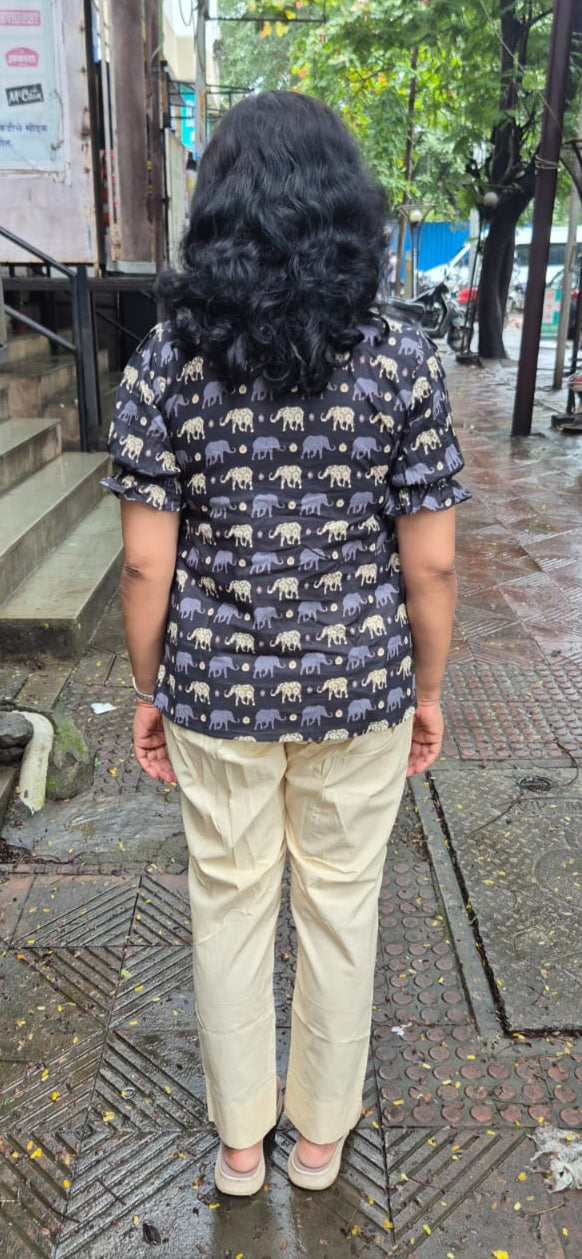 Black Elephant Print Pure Cotton Short Top