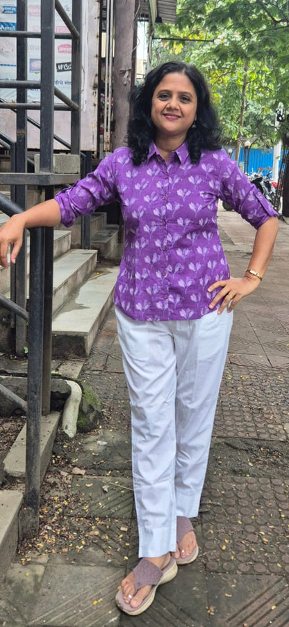 Purple Dabu Hand Block Printed Full Shirt