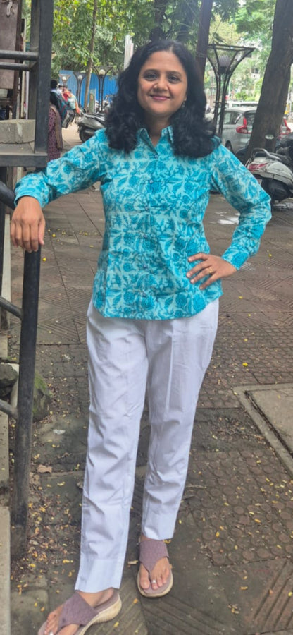 Sky Blue Dabu Hand Block Printed Full Shirt