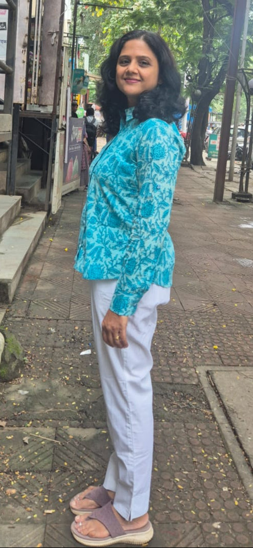 Sky Blue Dabu Hand Block Printed Full Shirt