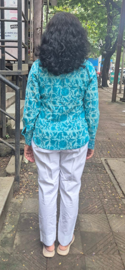 Sky Blue Dabu Hand Block Printed Full Shirt