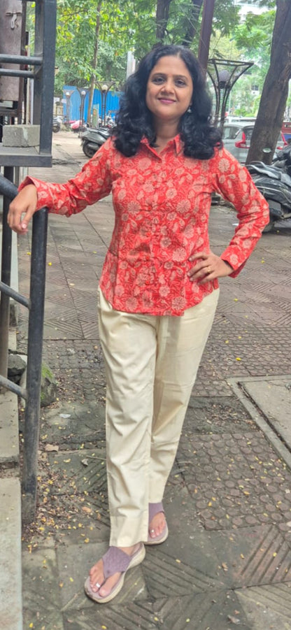 Orange Dabu Hand Block Printed Full Shirt