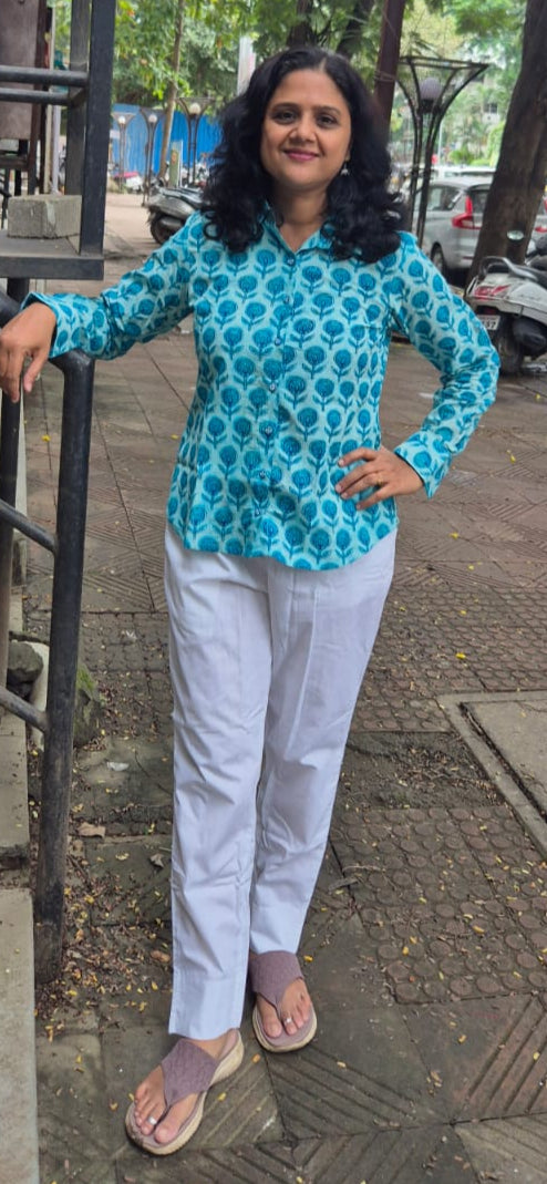 Sky Blue Dabu Hand Block Printed Full Shirt
