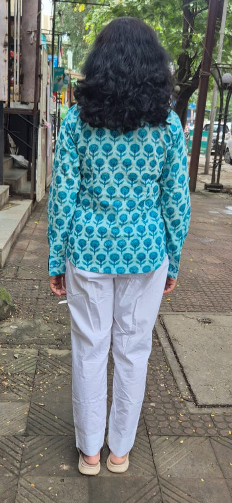Sky Blue Dabu Hand Block Printed Full Shirt