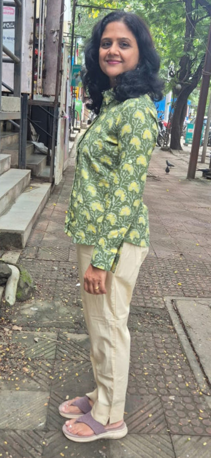 Mehendi Green  Dabu Hand Block Printed Full Shirt