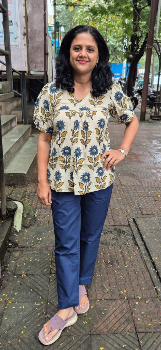 Off White Ajrakh Cotton Short Top