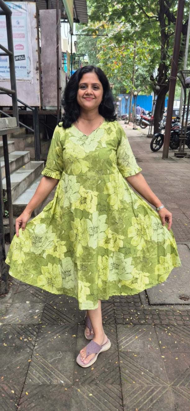 Parrot Green Pure Cotton Printed One Piece