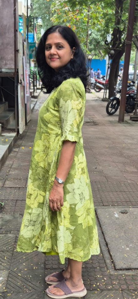 Parrot Green Pure Cotton Printed One Piece