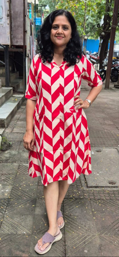 Red Pure Cotton Knee Length One Piece