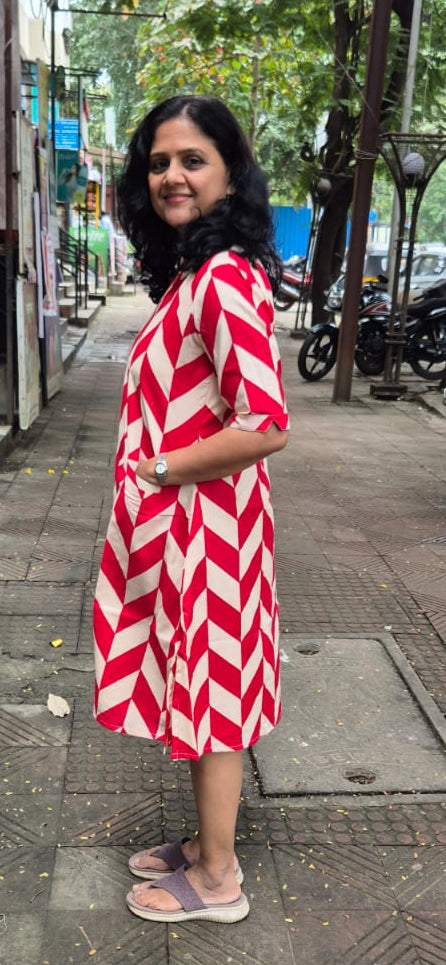 Red Pure Cotton Knee Length One Piece