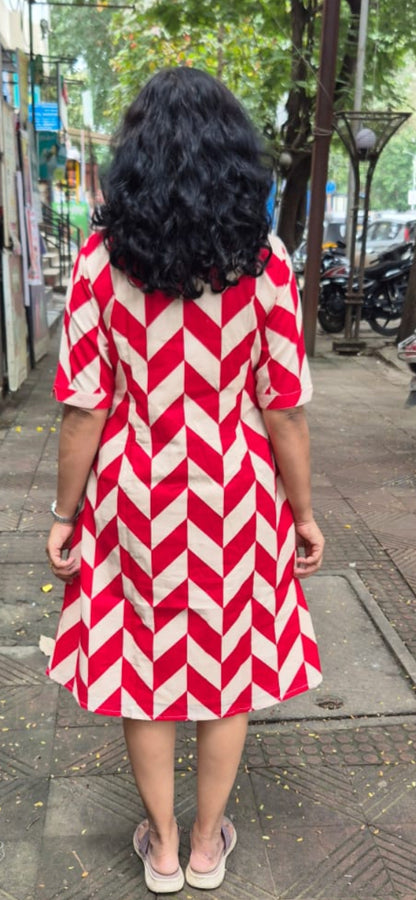 Red Pure Cotton Knee Length One Piece