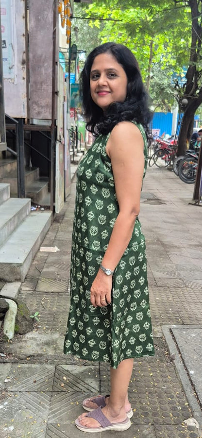 Bottle Green Mashru Silk Knee Length One Piece