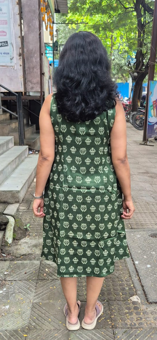 Bottle Green Mashru Silk Knee Length One Piece