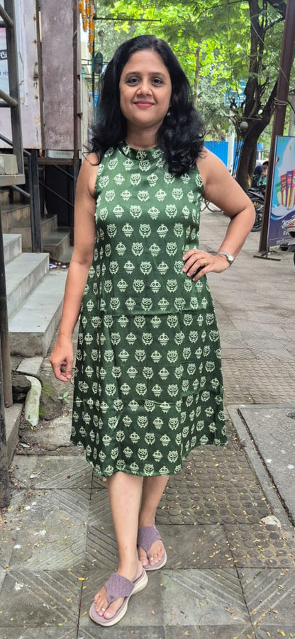 Bottle Green Mashru Silk Knee Length One Piece