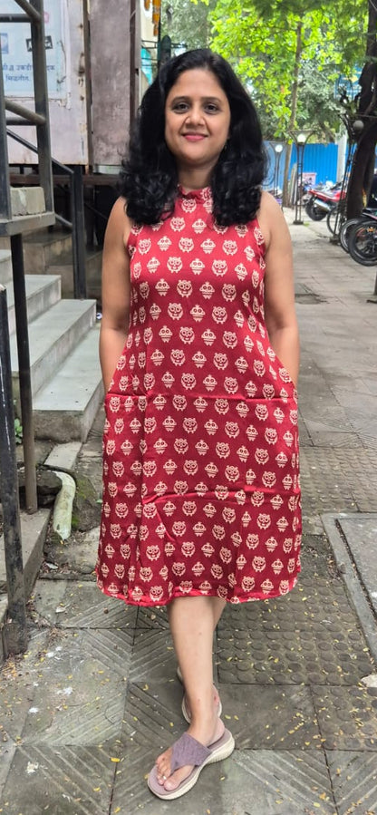 Maroon Mashru Silk Knee Length One Piece