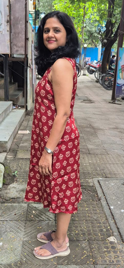 Maroon Mashru Silk Knee Length One Piece