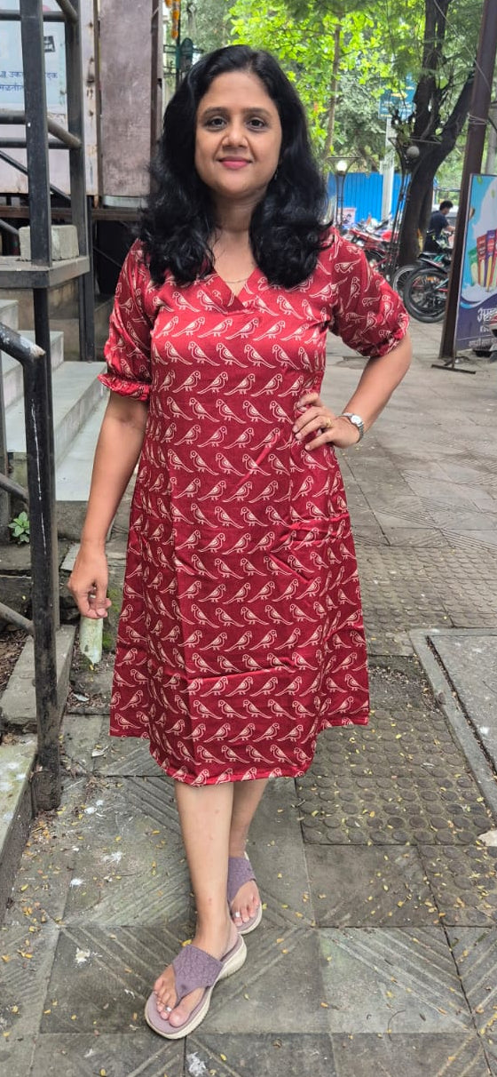 Maroon Mashru Silk Knee length One Piece