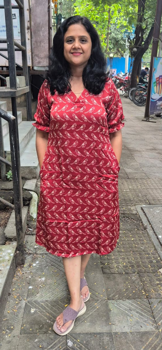 Maroon Mashru Silk Knee length One Piece